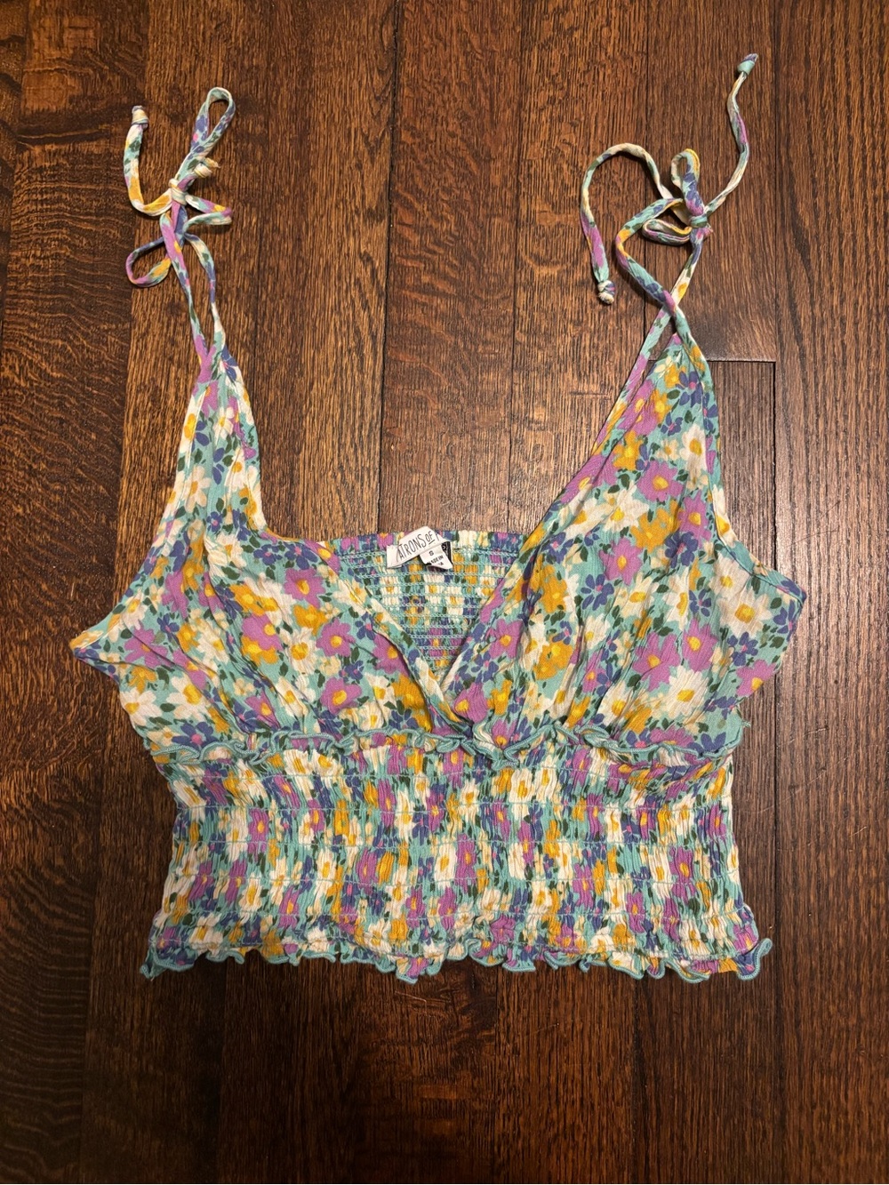 Patrons of Peace Floral Smocked Crop Tank Top - Purple, Yellow, Green, White